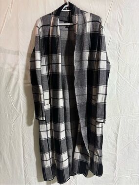 Tahari Black & White Plaid Open-Front Long Cardigan Coat